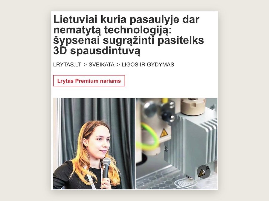 Lrytas.lt article about 3D printing technologies in dentistry, with a photograph of Milda Vitosytė